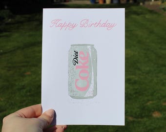 Carte d'anniversaire rose canette de coca light - Carte de voeux scintillante faite sur commande
