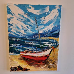 Red boat seascape original oil impasto painting 30x40cm