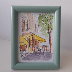 Origineel mini-aquarel schilderij in decoratief lijst Cafe Old Street oude stad stadsgezicht Frankrijk tekening 3,5 x 4,7 origineel kunst leuk cadeau
