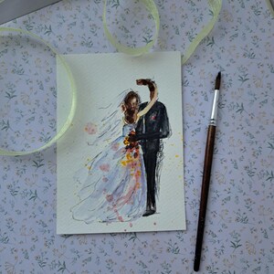 Postal de boda Amor familiar pintura acuarela original 10 x 15 cm