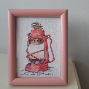Mini dipinto ad acquerello originale in cornice decorativa Disegno di lampada rossa antica 3,5x4,7 carino originale belle arti carino regalo