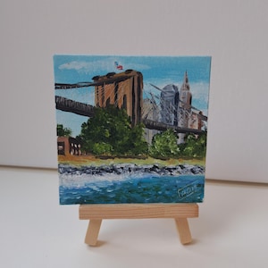 Ponte do Brooklyn Nova York paisagem urbana original 4x4 pintura a óleo belas artes presente fofo mini arte ímã