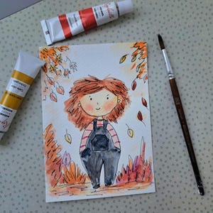 Carte postale jolie fille automne, aquarelle originale 10 x 15 cm