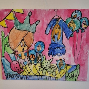 Ilustración de artista de autismo de princesa de dibujos animados, pintura de acuarela original de 24 x 30 cm