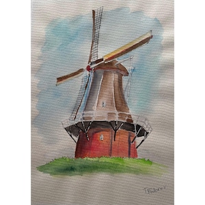 Watercolor  Netherlands Old Mill painting  drawing 12x8 cute original  painting fine art cute gift