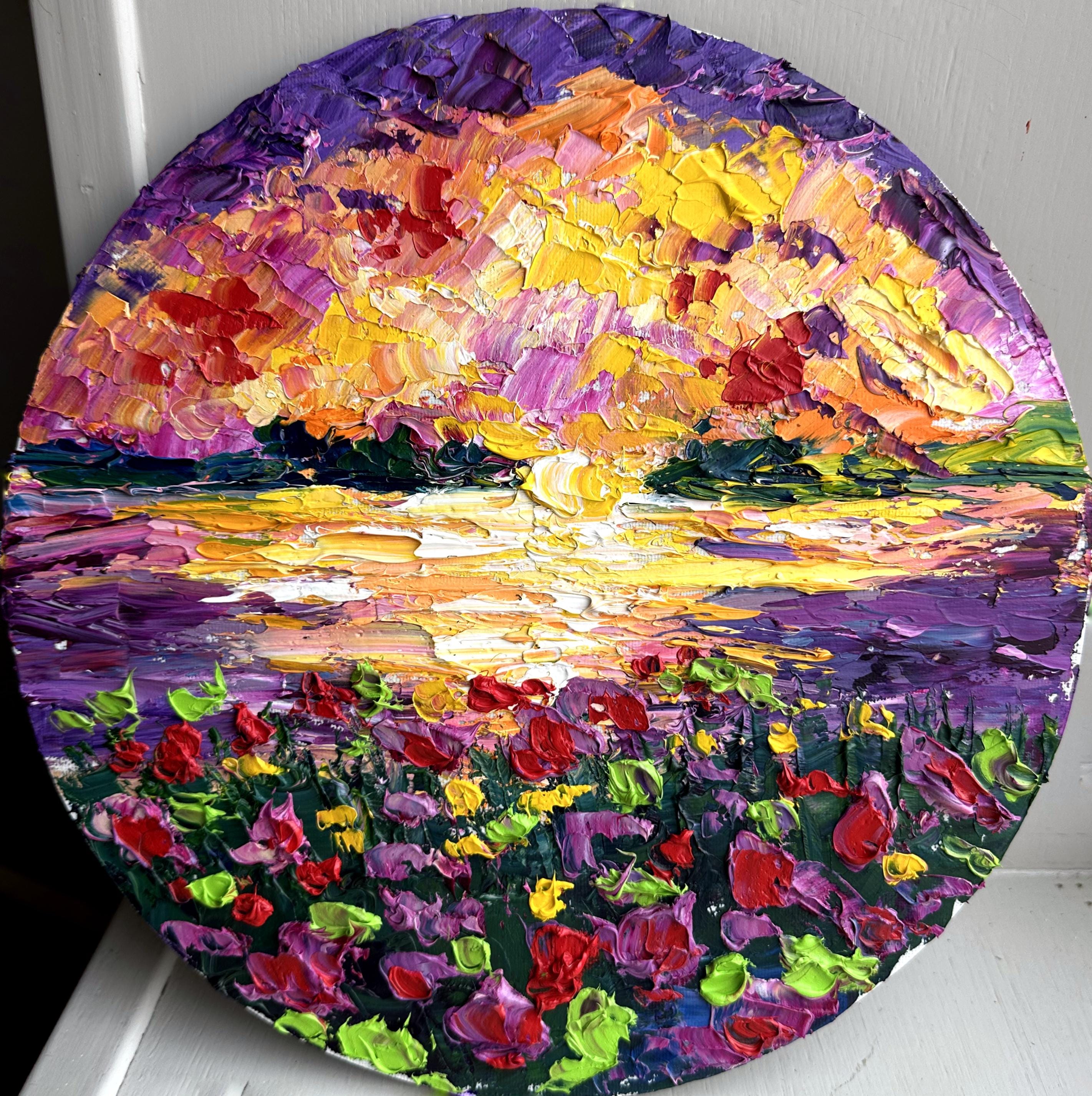 インパスト油絵：紫の夕焼けの海景、12x12 ラウンドキャンバス - Etsy 日本