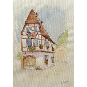 Watercolor  Netherlands Old House painting  drawing 12x8 cute original  painting fine art cute gift flowers