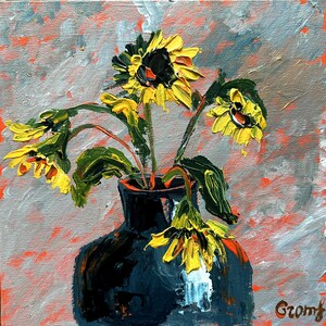 Girasoles Bodegón de flores amarillas Pintura acrílica original 25 x 25 cm