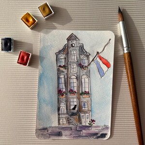 Postcard Netherland house and black cat  original watercolor painting 10x15cm