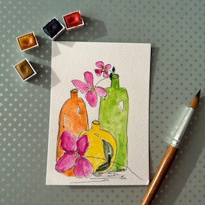 Postcard cute still life vase and flowers original watercolor painting 10x15cm