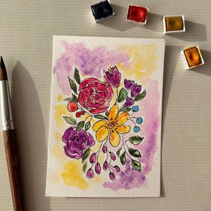 Cartão postal com lindas flores do prado, pintura original em aquarela 10 x 15 cm
