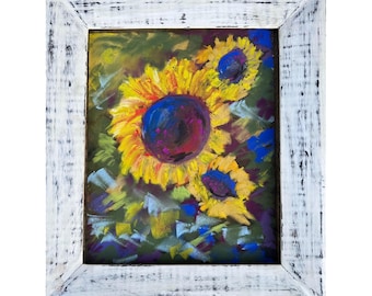 Paesaggio di girasoli, prato fiorito, fiori gialli, 24 x 32 cm, opera originale, disegno a pastello morbido