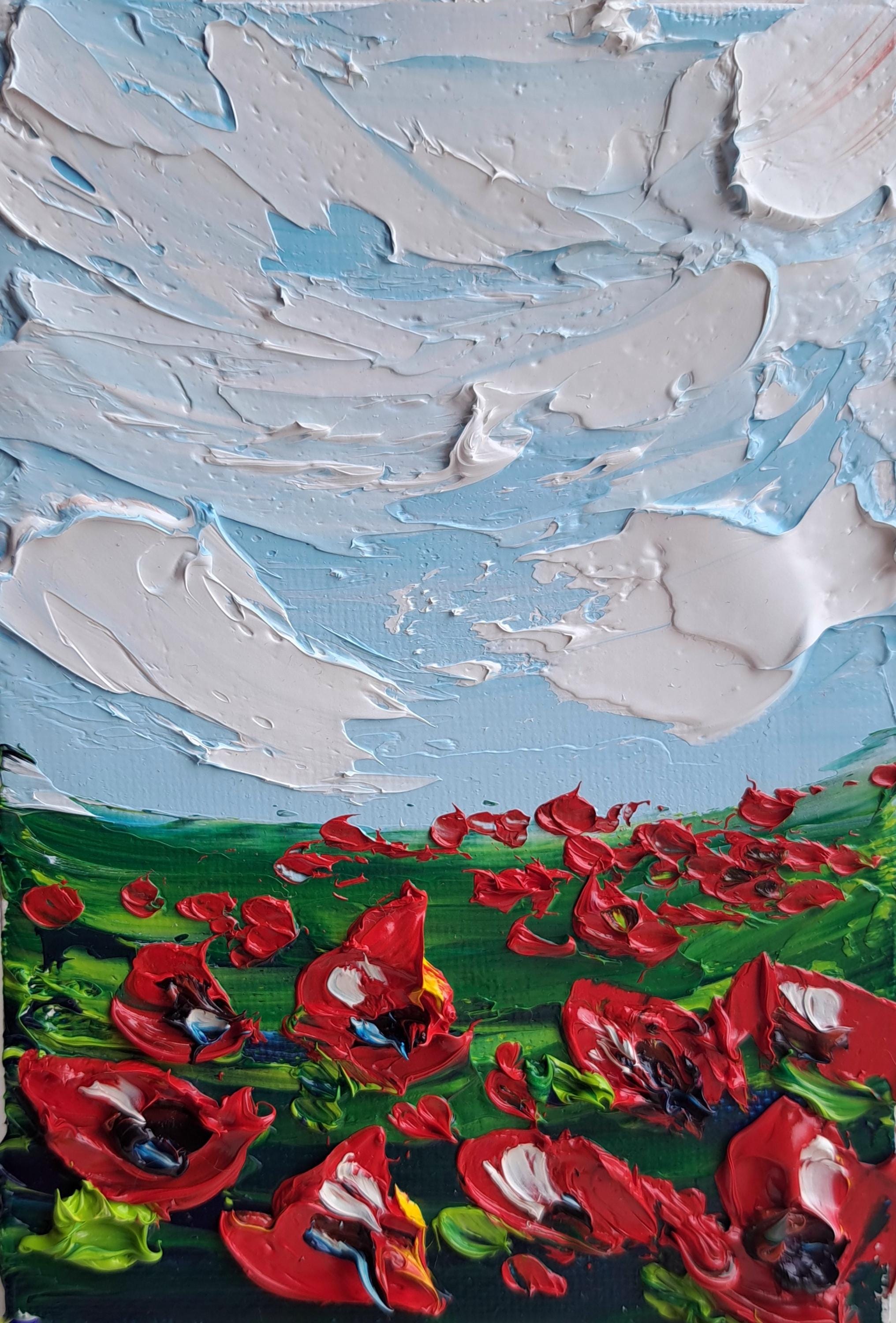 ポピーメドウ インパスト油絵：オリジナルミニアート（4x6） - Etsy 日本