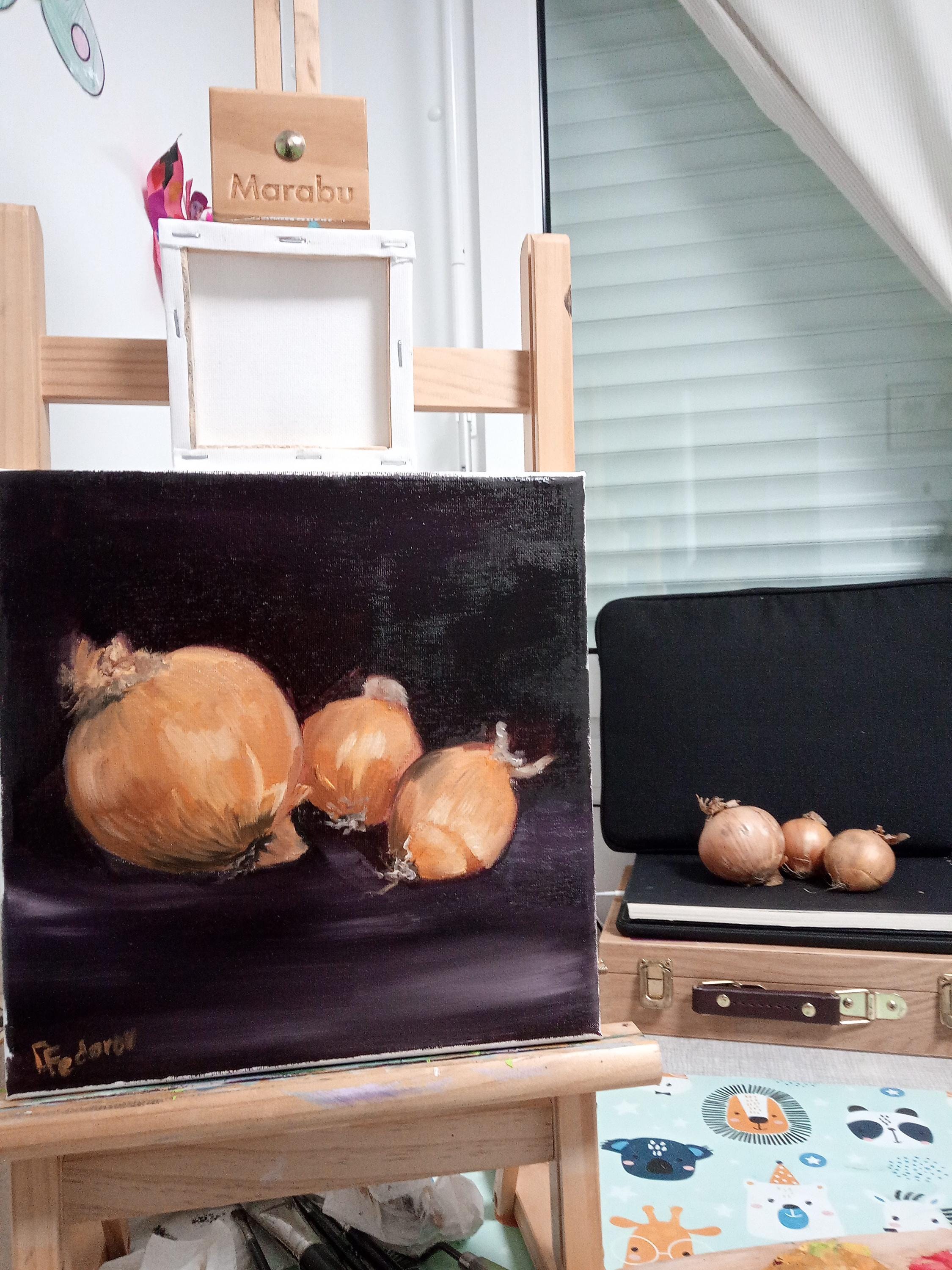 玉ねぎのある静物画。オリジナル油絵、25 x 25 cm - Etsy 日本