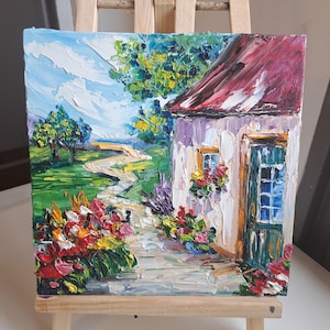 Old House Flowers original Oil painting impasto palette knife 25x25cm