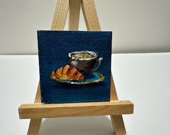Coffee cup  croissant Still life Miniature Acrylic Painting: 2x2 Fine Art Magnet