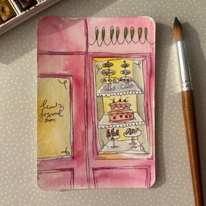 Carte postale café confiserie gâteau aquarelle originale 10 x 15 cm