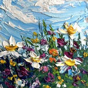 Margaridas Flores do campo Flores selvagens Paisagem Pintura a óleo 8x8 Pintura original Espátula profunda empastada