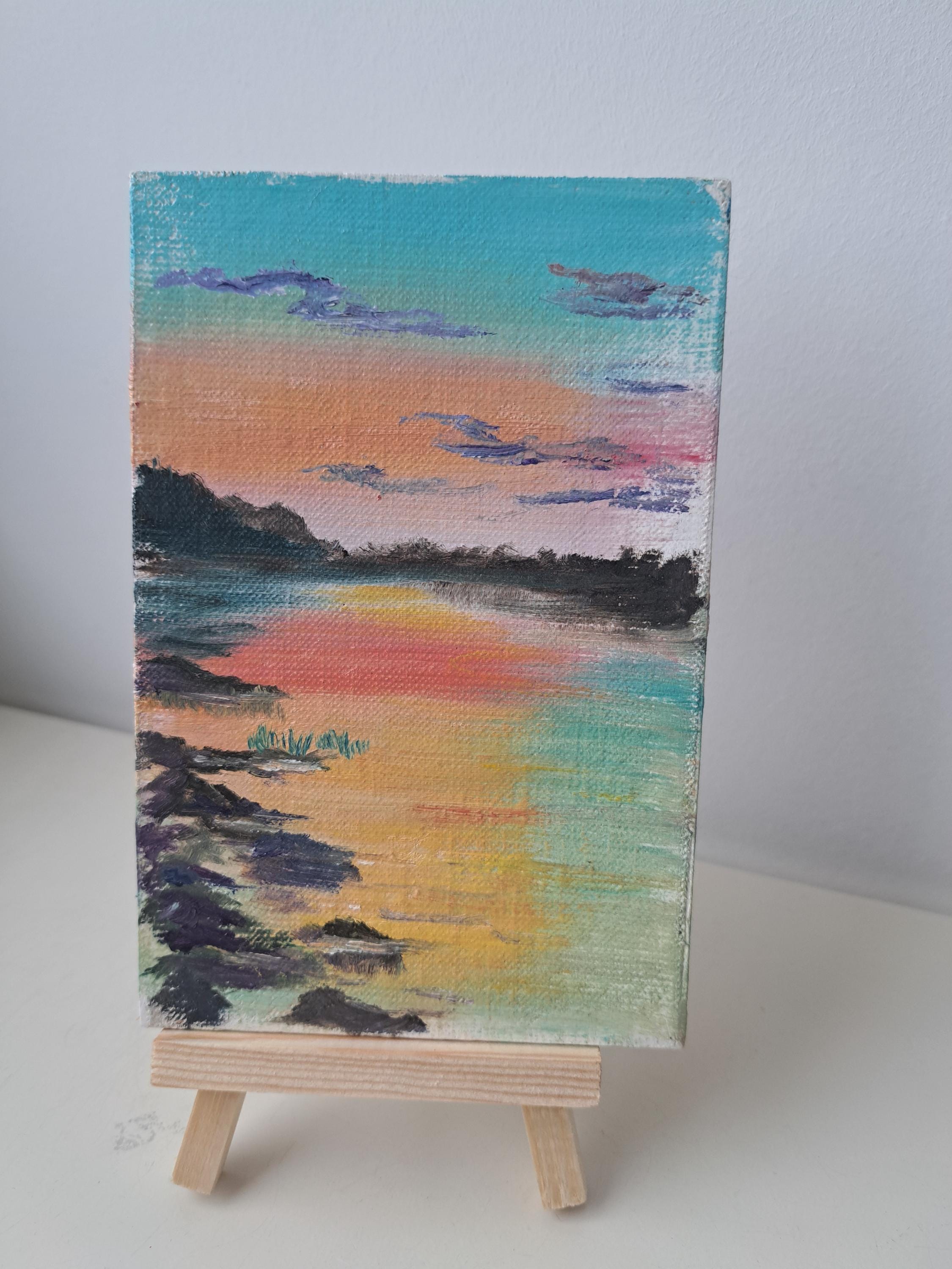 サンセットリバー油絵：オリジナルファインアート（4 x 6インチ