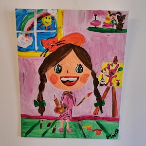 Retrato de caricatura de niña gata con autismo, ilustración artística, pintura acrílica original de 24 x 30 cm