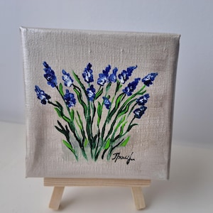 Silver Flowers lavender original acrylic painting 4x4 fine art cute gift mini art