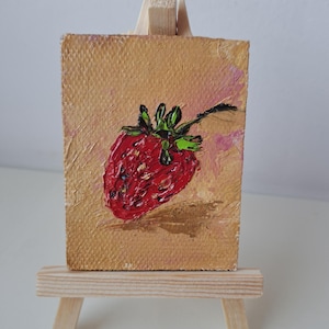 Fraise nature morte empâtement miniature 2,4 x 3,15 peinture à l'huile originale beaux-arts cadeau mignon mini art empâtement