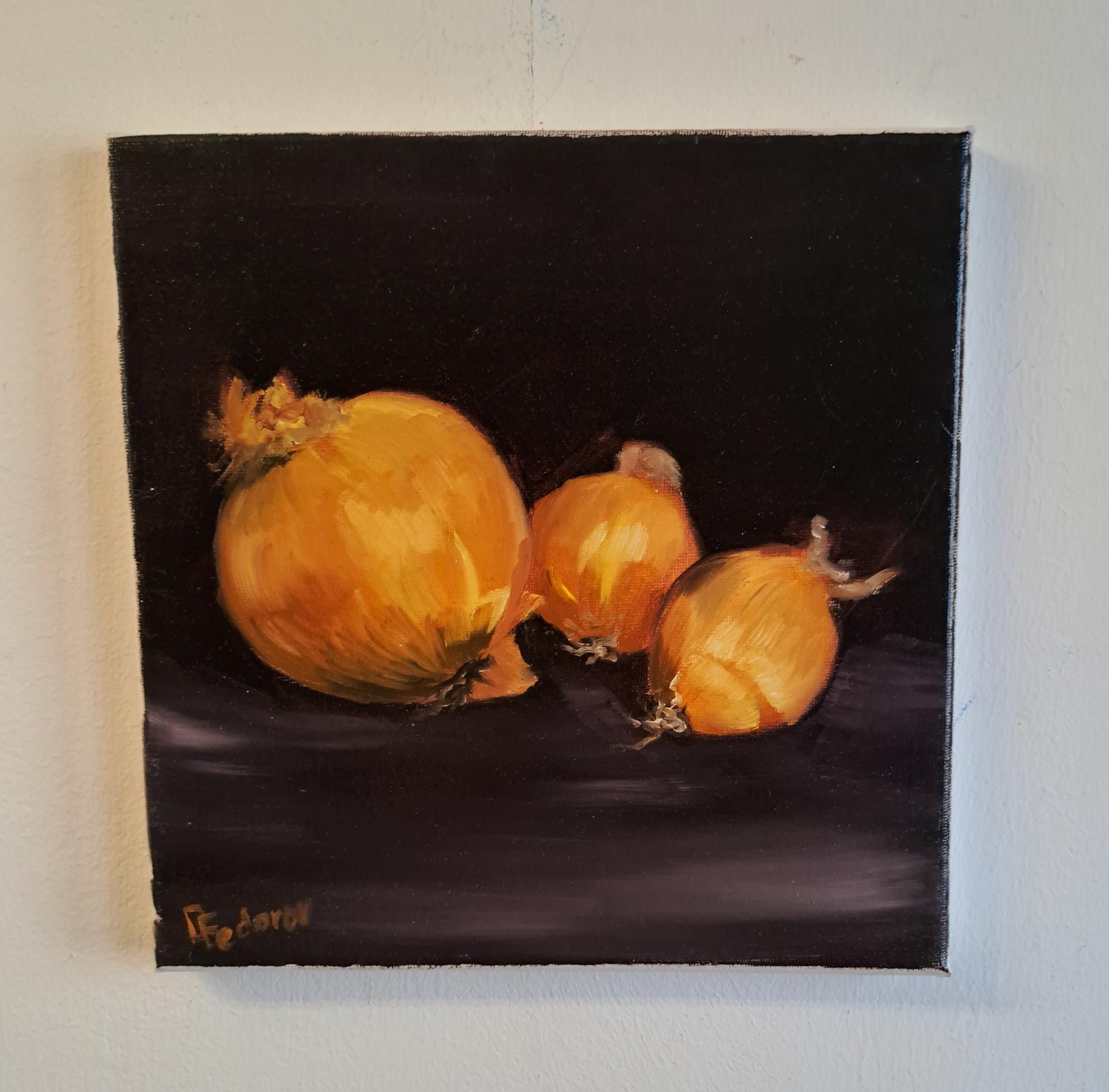 玉ねぎのある静物画。オリジナル油絵、25 x 25 cm - Etsy 日本