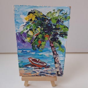 Palmeiras Red Boat pintura a óleo original belas artes presente fofo mini arte