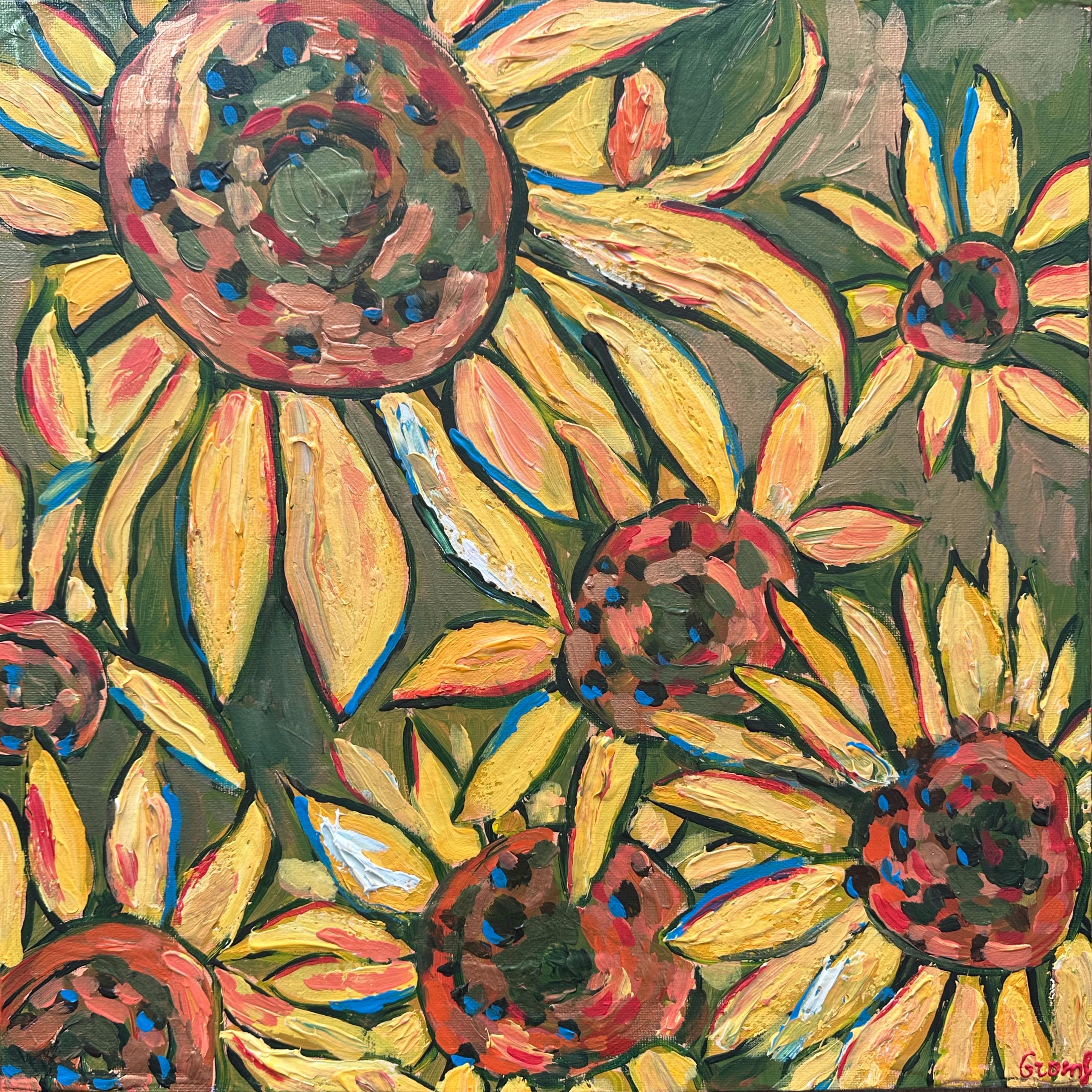 ひまわり 黄色い花 モダン オリジナル アクリル画 40 x 40 cm - Etsy 日本