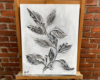 Silver Leaf Poppy Painting: Impasto Acrylic Floral Art (16x20)