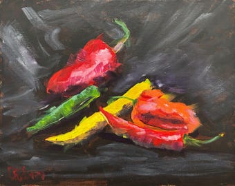 Still life with peppers. Original acrylic painting 24x30 cm