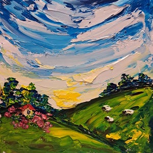 Sheep on the meadow landscape original Oil painting 15x15cm