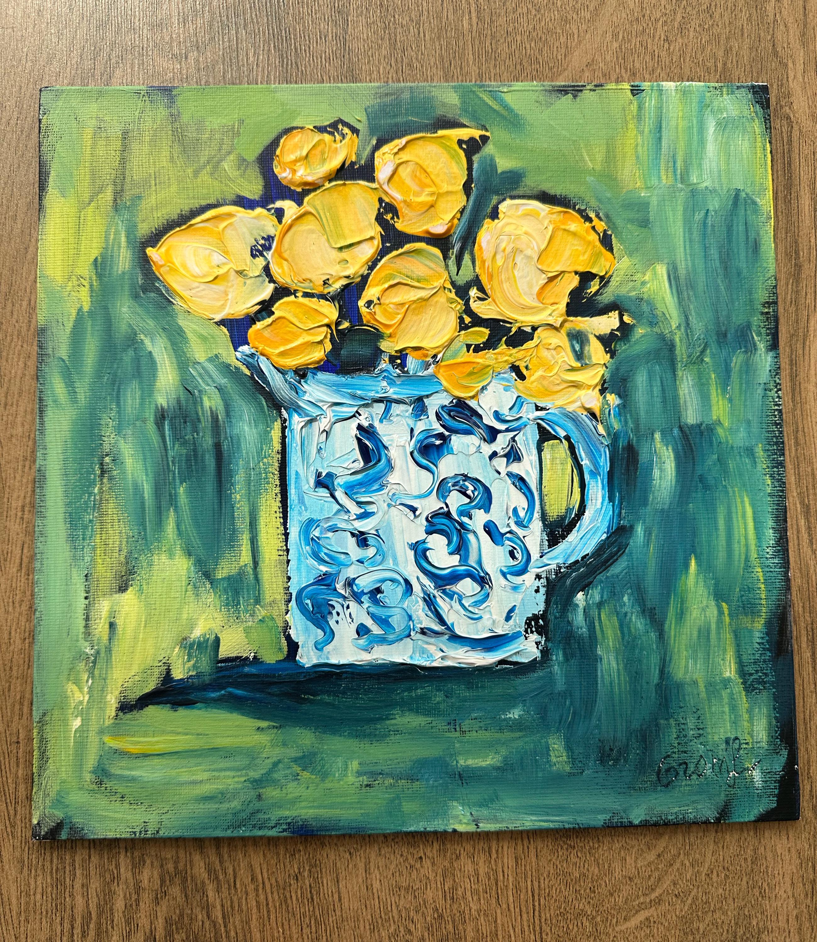 質感のある静物画：花瓶に生けられた黄色い花、10x10cm、オリジナル