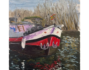 Barcaza tradicional holandesa para vivir a bordo, barco en un canal, pintura al óleo, regalo de viaje a Holanda, pintura de primavera en los Países Bajos, 40 x 50 cm.