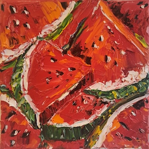 Pokrojony arbuz. Oryginalny obraz olejny 20 x 20 cm