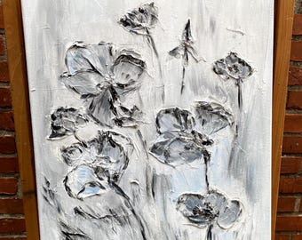 Silver leaf Poppies flowers landscape acrylic painting 16x20 original painting Palette knife deep impasto