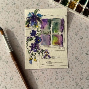 Carte postale fenêtre avec fleurs aquarelle originale 10 x 15 cm