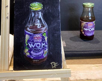 Origineel acrylstilleven: fles woksaus, minivoedselkunst (4 x 6)
