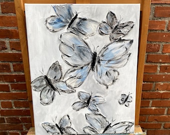 Silver leaf Butterflies landscape acrylic painting 16x20 original painting Palette knife deep impasto texture