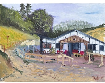 Cafe in the morning by hills. Original Oil painting 30x40cm