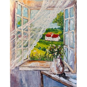 Offenes Fenster und Blumen pastose Malerei original Ölgemälde 70 x 90 cm