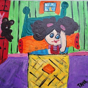 Cartoon girl portrait autisme artist ilustration kinder room acrylic painting 25x25cm