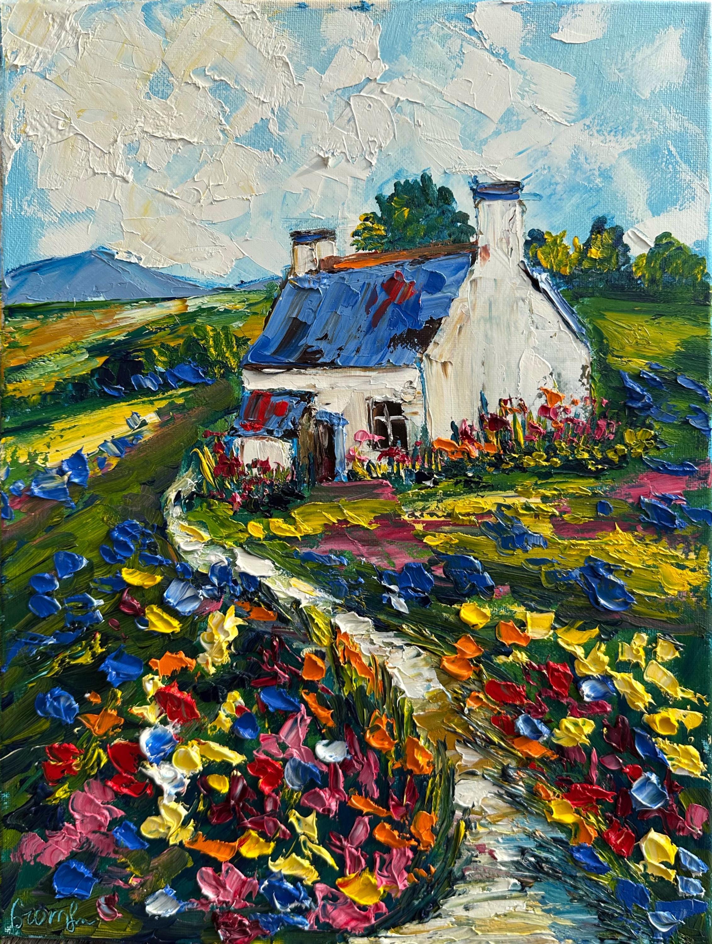 Original Oil Painting: Blue Roof House With Flowers, Cityscape Art