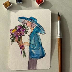Postcard Girl with Flowers original watercolour painting 10x15cm