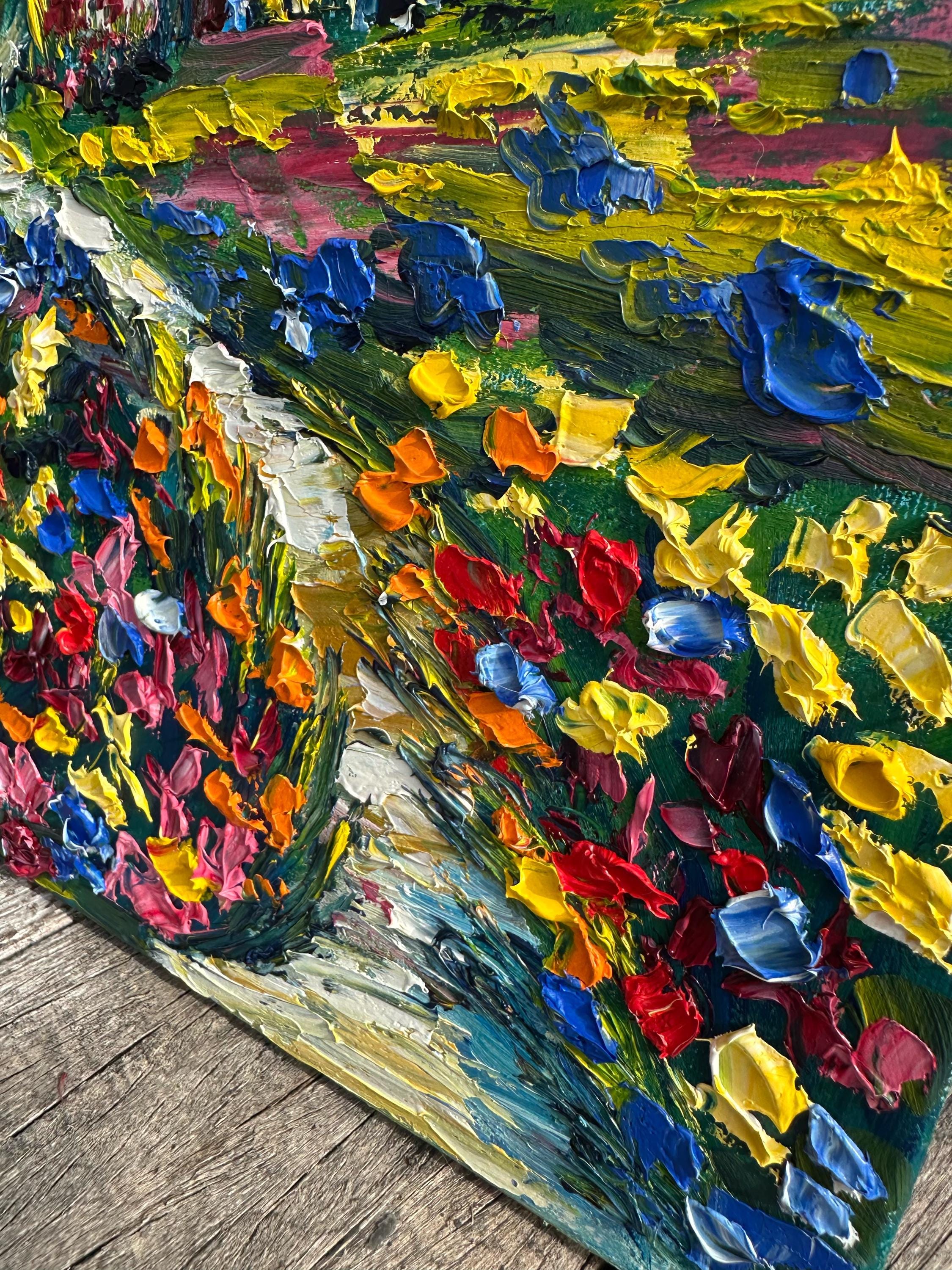 Original Oil Painting: Blue Roof House With Flowers, Cityscape Art