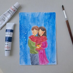 Postkarte süßes Paar Winterliebe original Aquarellmalerei 10 x 15 cm