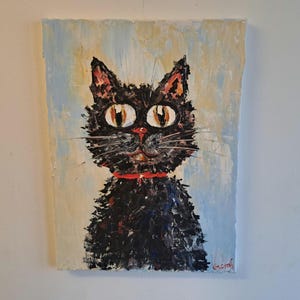 Retrato de gato negro de dibujos animados, mascota original, pintura al óleo, 30 x 40 cm