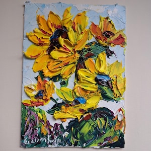 Girasoles Flores amarillas empasteadas Pintura al óleo original 13 x 18 cm