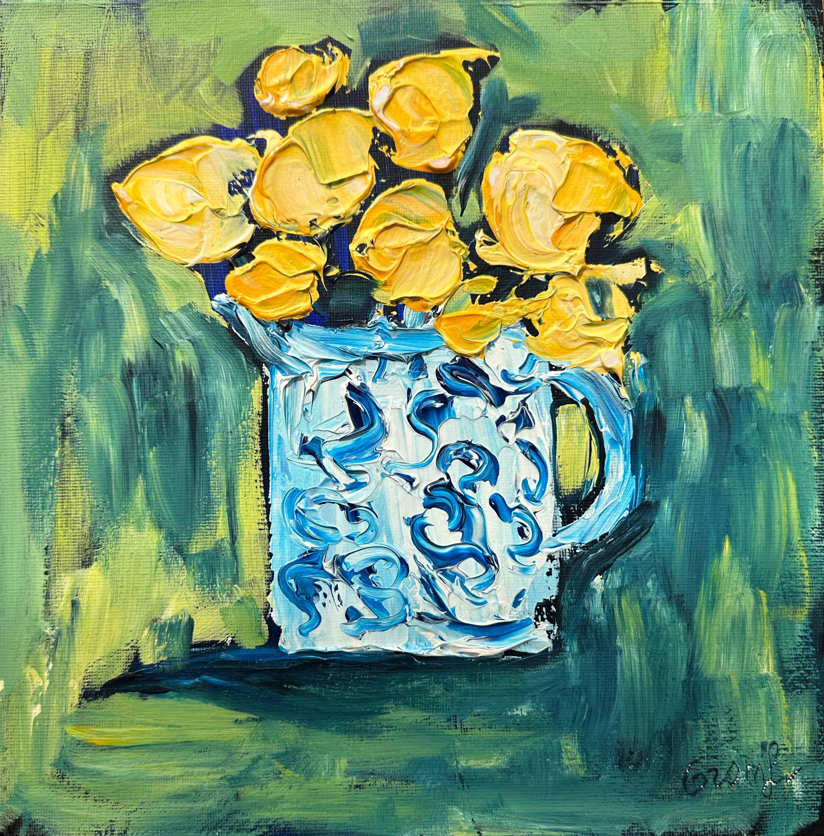テクスチャのある静物画：花瓶の中の黄色い花、10x10 オリジナル