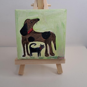 Pintura acrílica original de animales lindos de perro y gato divertidos Dibujos animados 3x3 Bellas Artes Lindo regalo Mini arte Taza miniatura